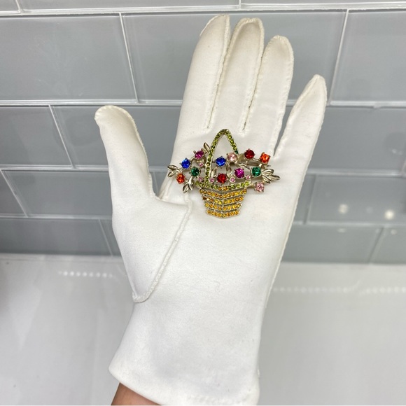 Vintage 1950s Signed Ledo Basket Brooch Pin by Polcini Citrine and Rhinestones - Picture 4 of 10